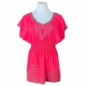 S. Line Coral & Gray Embroidered Beaded Smocked Waist Peasant Blouse - Medium